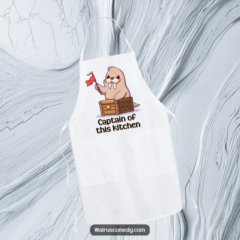 Funny apron showcasing a happy walrus on a treasure chest, waving a flag, ready for kitchen adventures and spills.