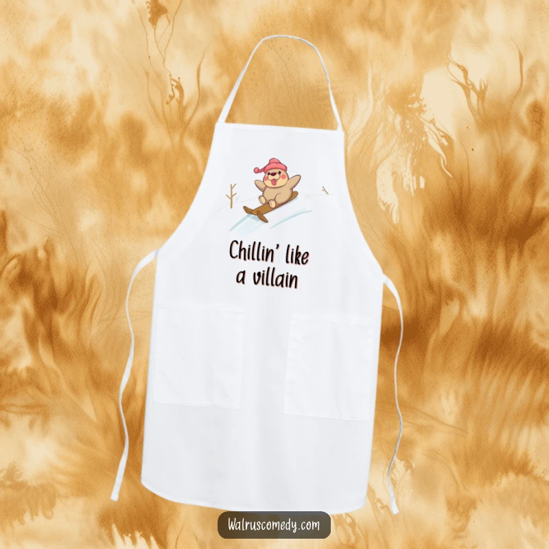 Funny apron depicting a walrus joyfully sliding down a snow-covered hill, perfect for humorous kitchen protection during winter.