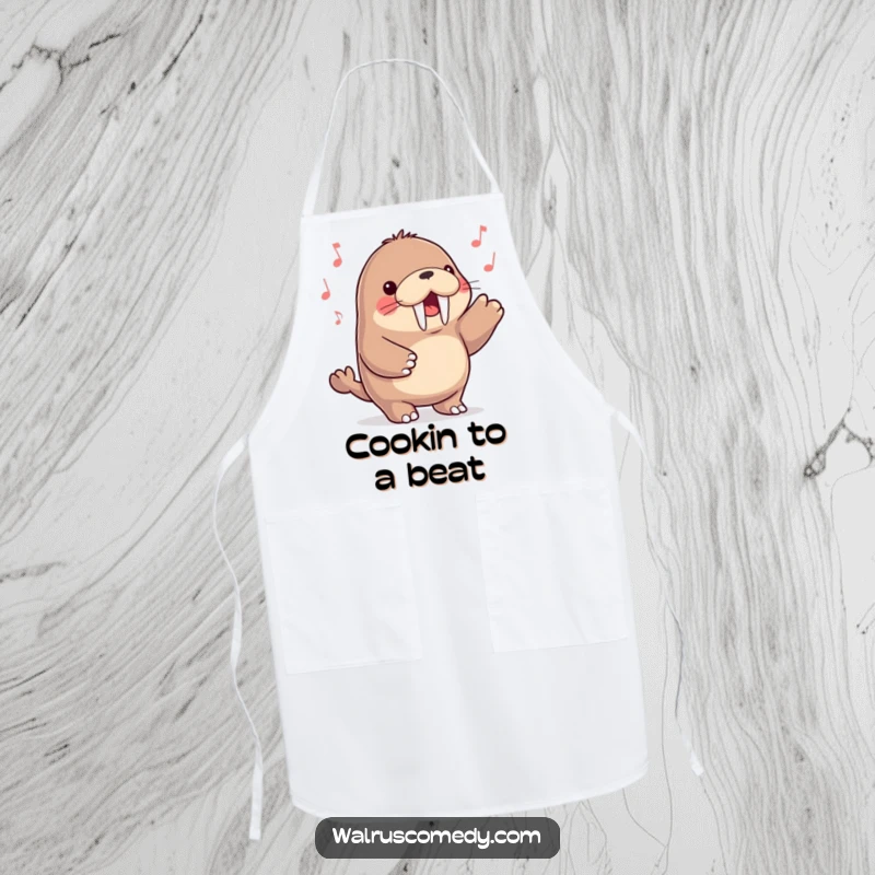Funny kawaii walrus character happily tapping its flippers to a beat while wearing a cute chef's hat on an apron.