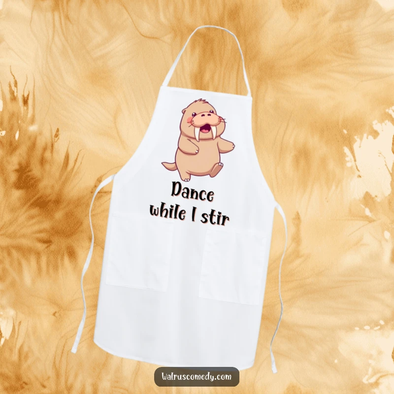 Funny kawaii walrus character doing a playful dance, tusks prominent, wearing a chef's hat on an apron.