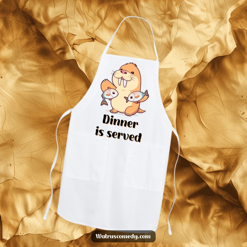 Funny walrus character apron, juggling two shiny fish with a grin, ideal for kitchen fun and as a funny gift.
