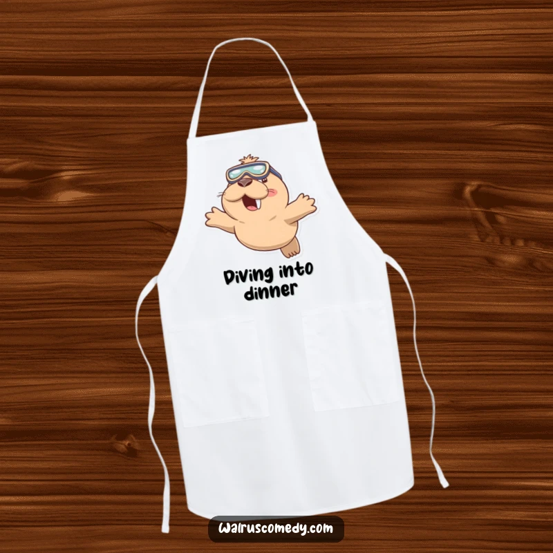 Funny apron showcasing a playful walrus wearing swimming goggles and diving with a smile, perfect for kitchen adventurers.