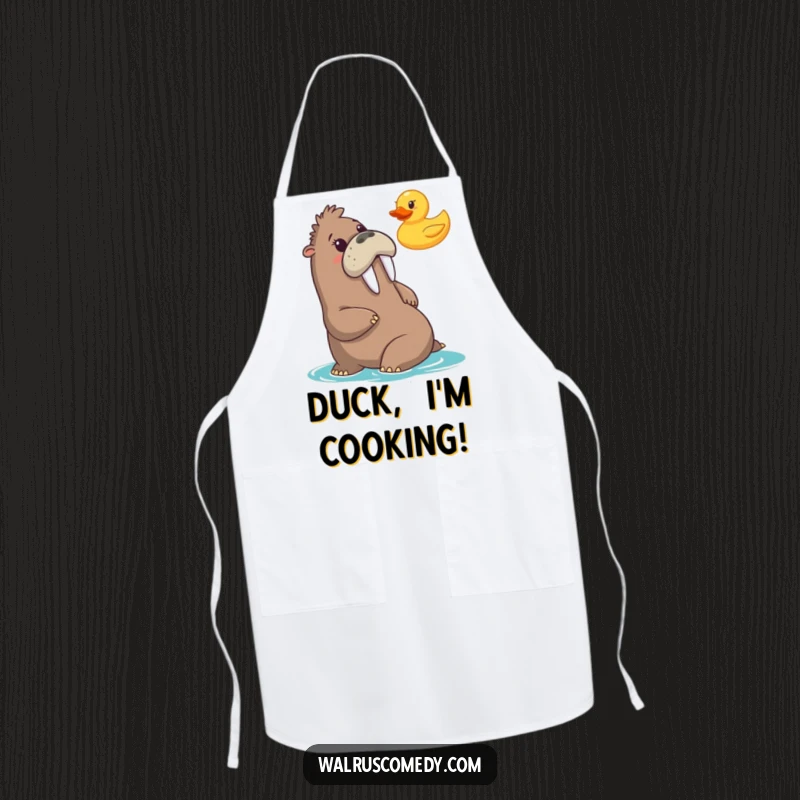 Funny apron with a walrus comically reacting to a rubber duck, perfect for adding humor to kitchen tasks.