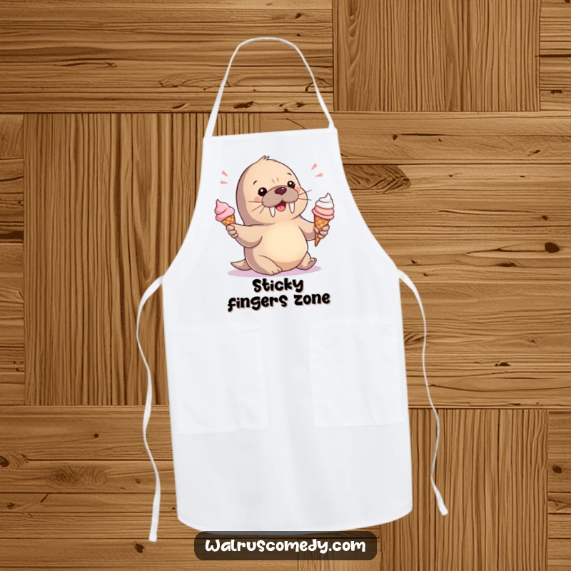Funny Apron: A cute baby walrus juggles ice cream cones, making kitchen tasks delightfully playful.
