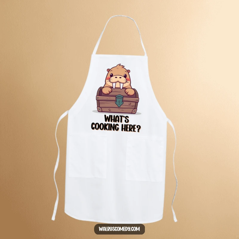 Funny apron showcasing a curious walrus peeking from behind a treasure chest, perfect for a chef who appreciates humor in the kitchen.