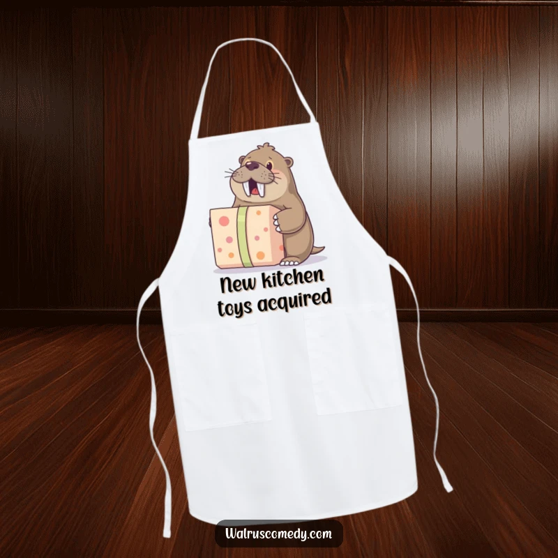 Funny apron depicting a walrus character excitedly unwrapping a large gift, perfect for humorous kitchen attire during celebrations.