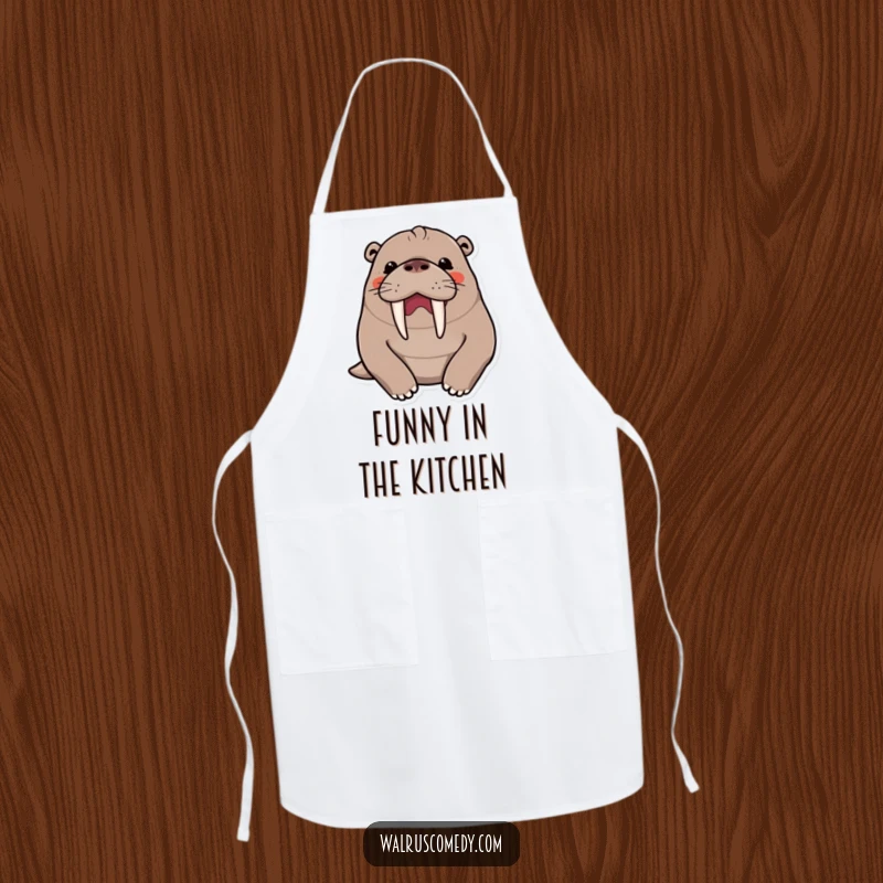 Funny kawaii walrus character in a hearty chuckle, prominent tusks visible, wearing a chef's hat on an apron.