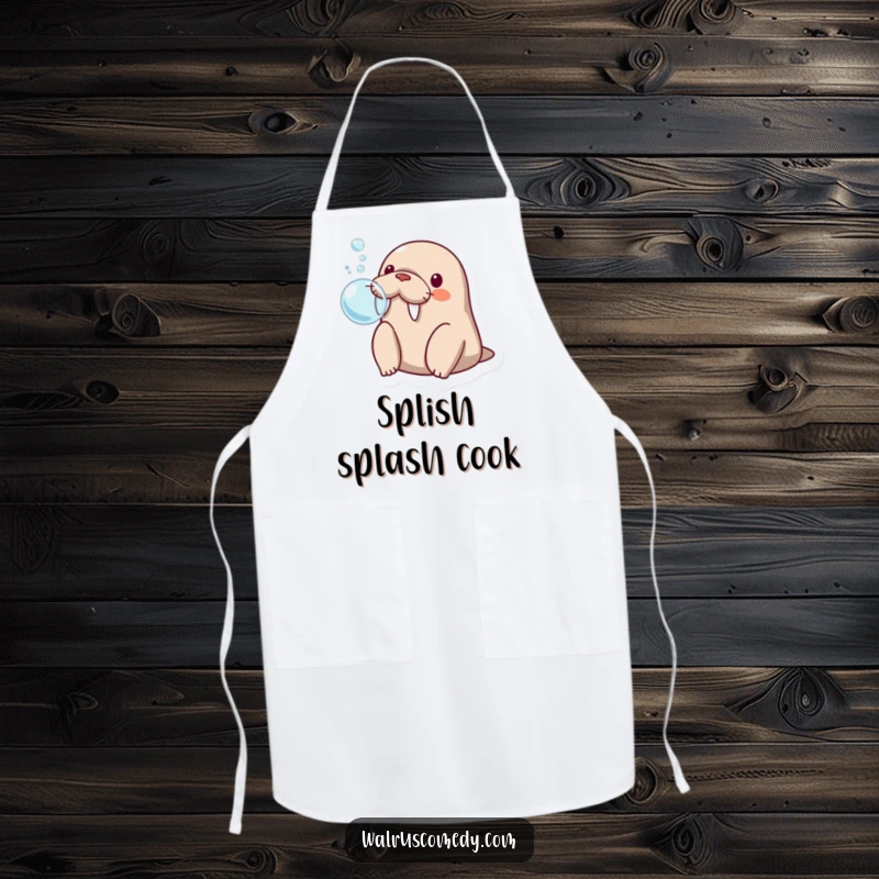Funny kawaii walrus blowing a bubble with its flippers, looking surprised and ready to assist in the kitchen with this apron.