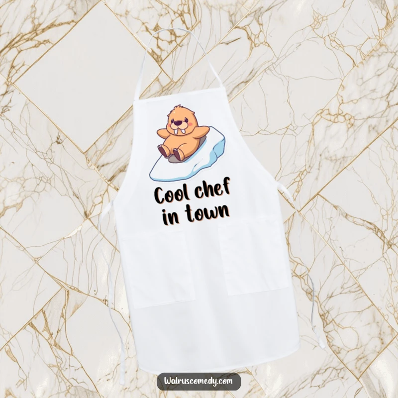Funny kawaii walrus apron with a grinning walrus sliding down an icy hill, perfect for adding humor to cooking activities.
