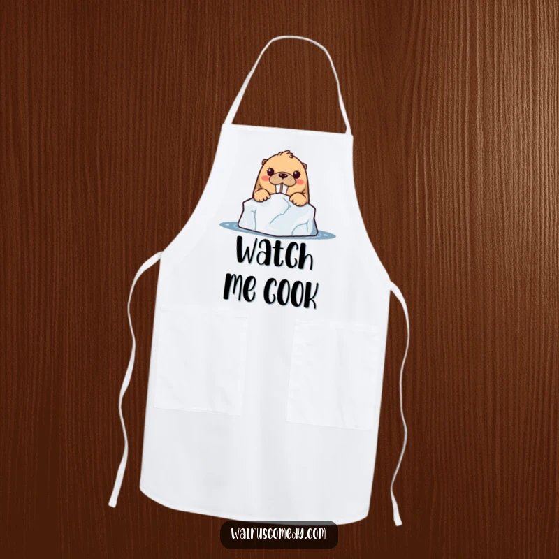 Funny kawaii walrus character curiously peeking from behind an iceberg while wearing a chef's hat on an apron.