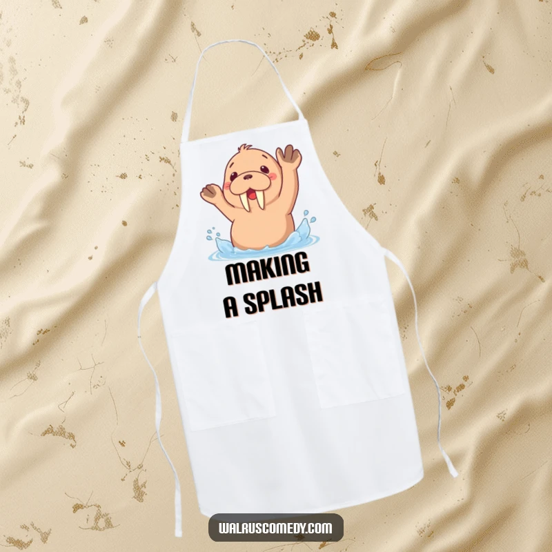 Funny apron with a kawaii walrus cheerfully splashing water with its flippers, ready for kitchen adventures.