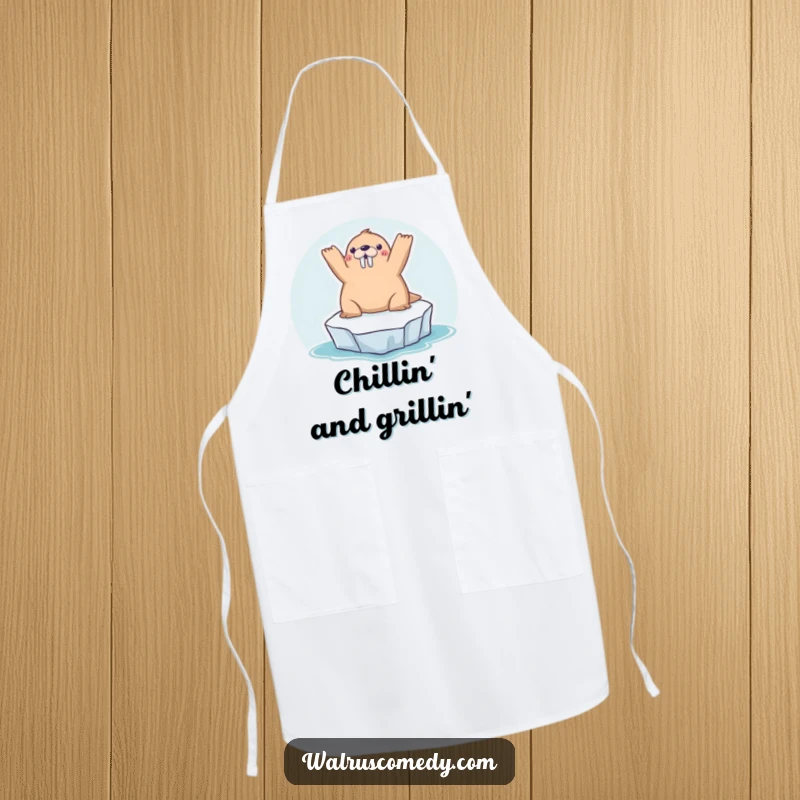 Funny kawaii walrus sunbathing on a tiny iceberg, arms raised, ready to help in the kitchen with this amusing apron.