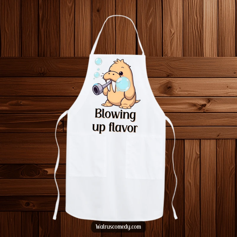 Funny walrus wearing an apron and blowing bubbles, a humorous kitchen accessory for playful chefs, practical and delightful.