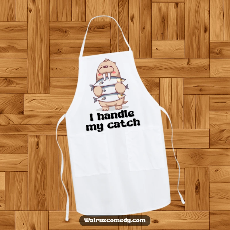Funny Walrus Apron: A chef walrus character is humorously shown balancing a stack of fish while wearing a chef's hat, protecting its outfit.