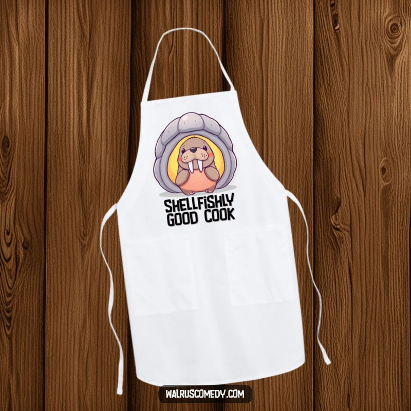 Funny walrus character curiously investigating a luminous seashell, printed on a practical apron for a humorous cooking experience