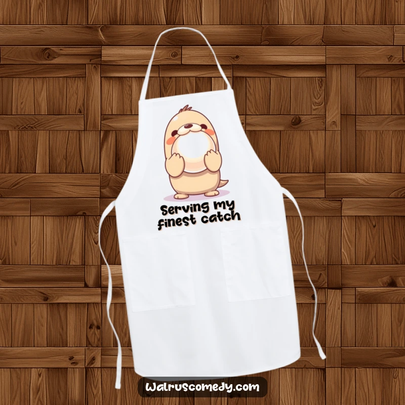 Funny Apron with a Kawaii walrus enthusiastically presenting a large, shiny pearl, a delightful kitchen companion.