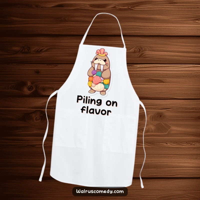 Funny walrus wearing an apron and balancing seashells, a humorous kitchen accessory for skilled cooks, practical and amusing.