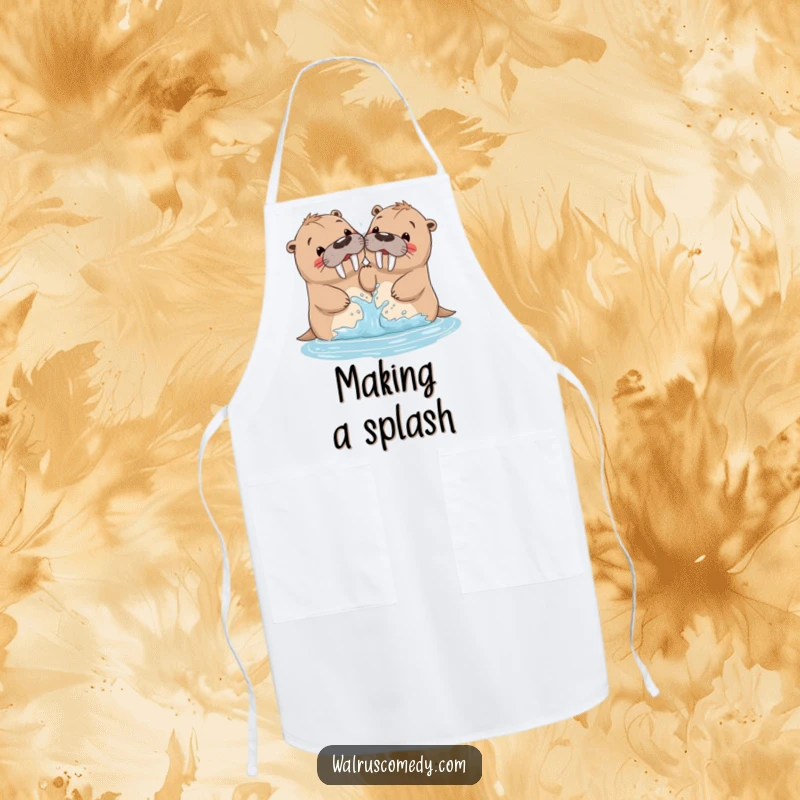 Funny walrus apron showing siblings playfully splashing water, a humorous and practical item for the kitchen.