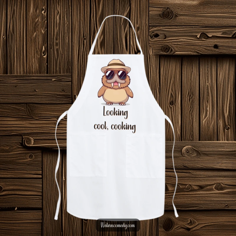 Funny Walrus Apron: A cool walrus wearing large sunglasses and a hat, ready to protect your clothes with humor.