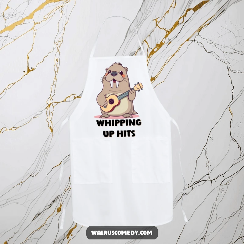 Funny walrus chef wearing an apron and playing ukulele, a humorous cooking accessory for musical foodies, practical and fun.