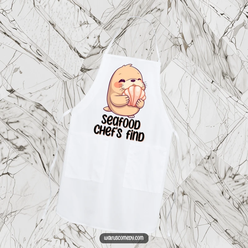 Funny Apron: A winking walrus holds a shiny seashell, adding playful charm to kitchen activities.