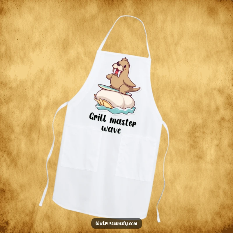 Funny kitchen apron showing a walrus surfing on a clam, perfect for culinary adventurers.