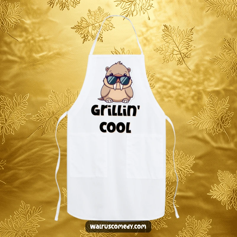 Funny apron with a kawaii walrus wearing sunglasses, looking cool and relaxed, ready for kitchen adventures.