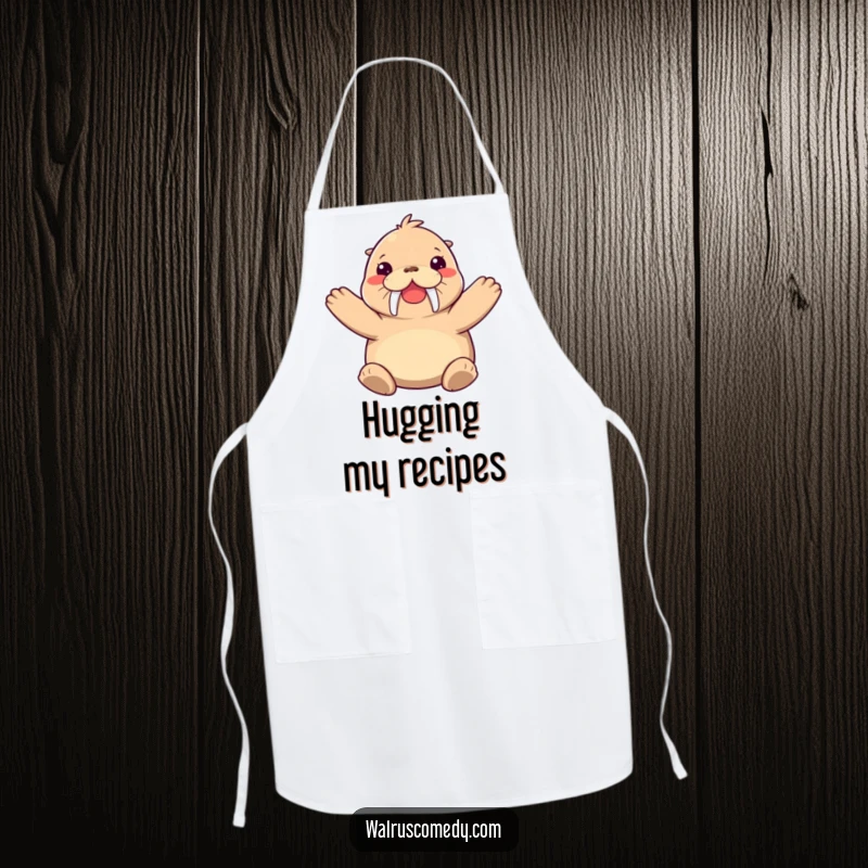 Funny walrus apron showing a joyful walrus character giving a warm hug, adding a touch of cheer to the kitchen.