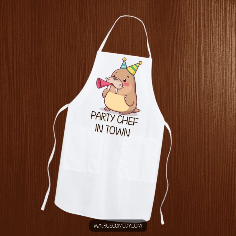 Funny cute walrus wearing a party hat and blowing a party horn on a durable apron, a festive funny gift.