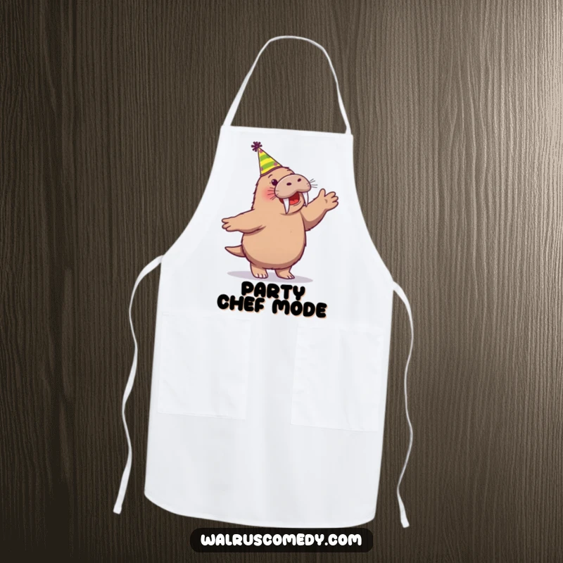 Funny apron featuring a cheerful walrus character dancing excitedly while wearing a party hat, adding fun to kitchen tasks.