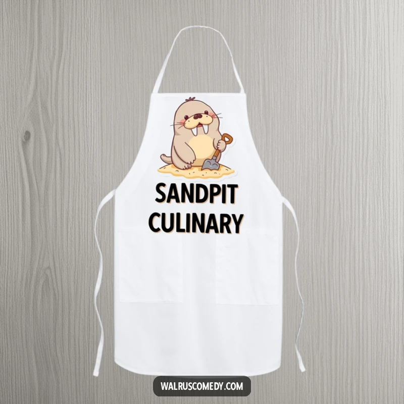 Funny Apron: An excited walrus character digs in the sand with a tiny shovel, perfect for kitchen fun.
