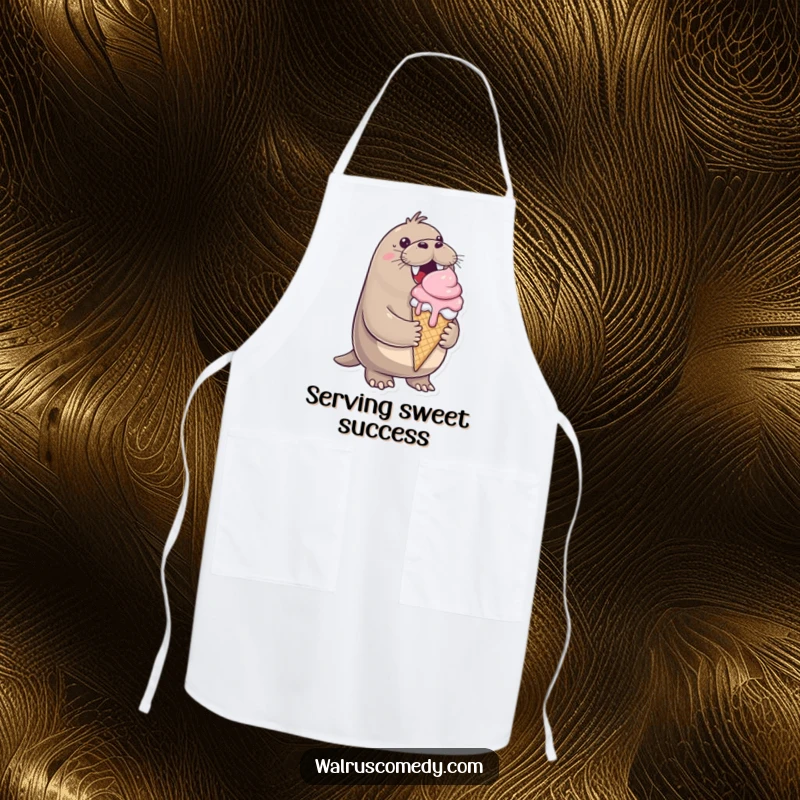 Funny apron, cheerful walrus, ice cream cone dripping, happy, kitchen wear, perfect for bakers, dessert lovers.