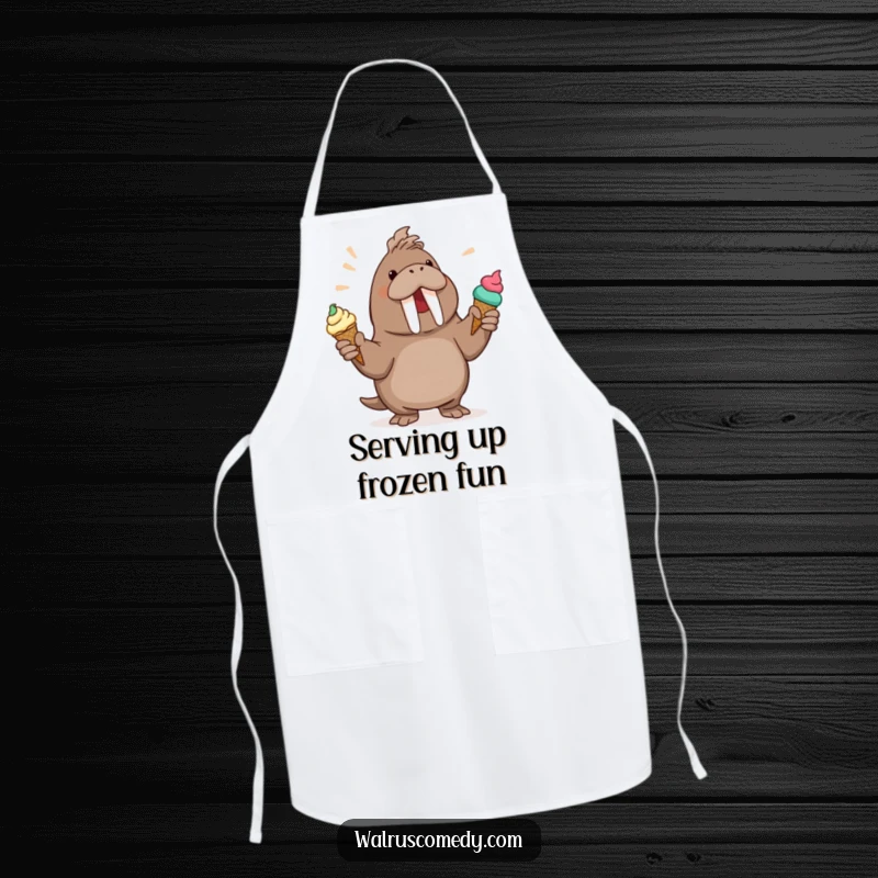 Funny Walrus Apron: A cheerful walrus juggles ice cream cones while wearing a chef hat, ready to protect your clothes with humor.