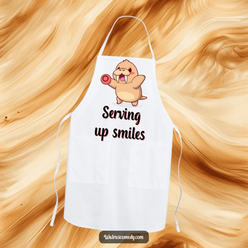 Funny apron with a kawaii walrus with tusks happily throwing a frisbee, perfect for home cooks who appreciate fun and playful designs.