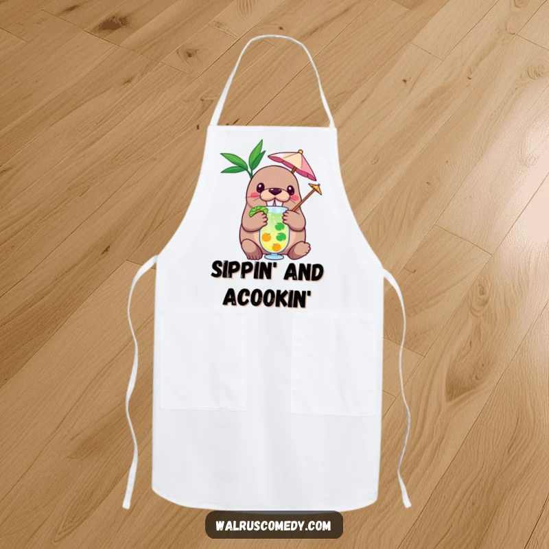 Funny apron showcasing a happy walrus character holding a tiny umbrella in a tropical drink, adding humorous flair to kitchen tasks.