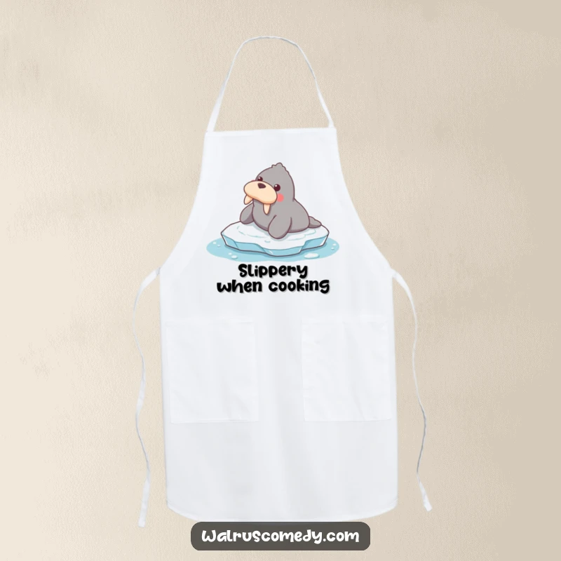 Funny apron featuring a walrus comically sliding on ice, perfect for adding humor to kitchen duties.