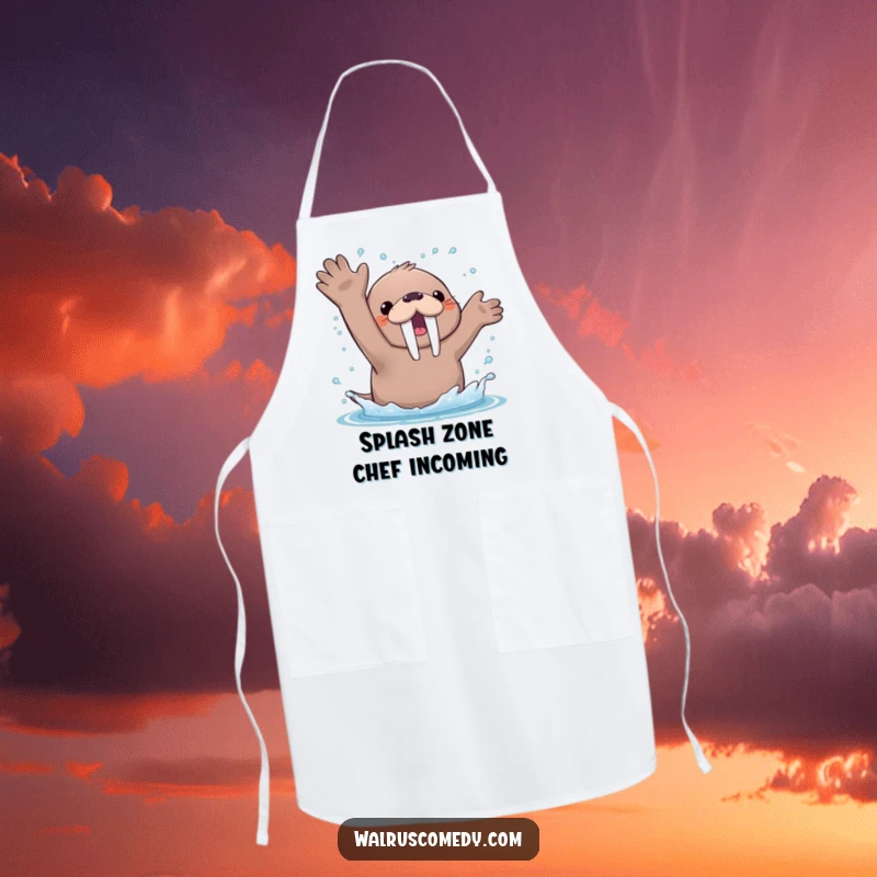 Funny Apron showing a kawaii walrus enthusiastically splashing water with its flippers, showering happy droplets while you cook.