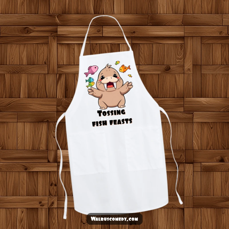 Funny Apron featuring a happy walrus character juggling colorful fish with a wide, toothy grin.