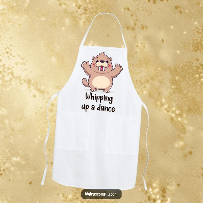 Funny walrus wearing an apron and dancing, a humorous kitchen accessory for joyful cooks, practical and amusing.