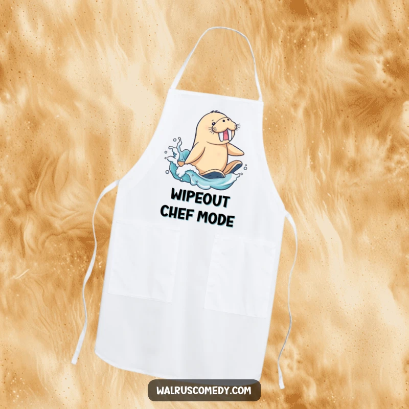 Funny Apron: A gleeful walrus character surfs a wave, flippers splashing, bringing ocean fun to the kitchen.