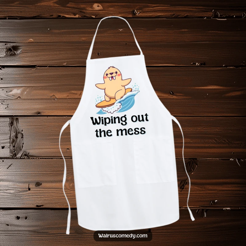 Funny Apron with a Kawaii walrus happily surfing a wave with determined joy, ready for kitchen adventures.