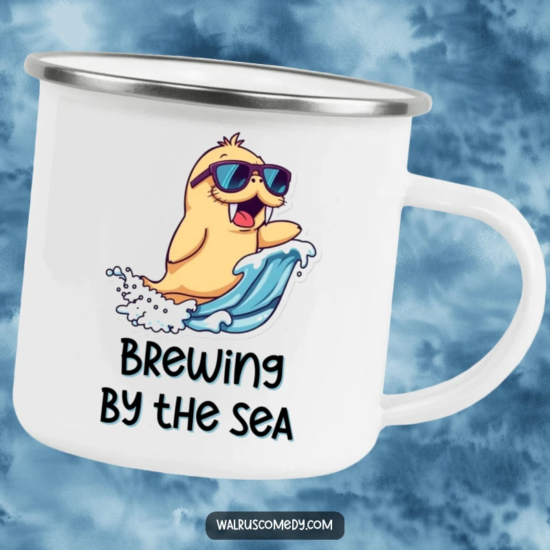 Funny walrus character camping mug wearing sunglasses, riding a wave with excitement, durable for adventures and a funny gift.