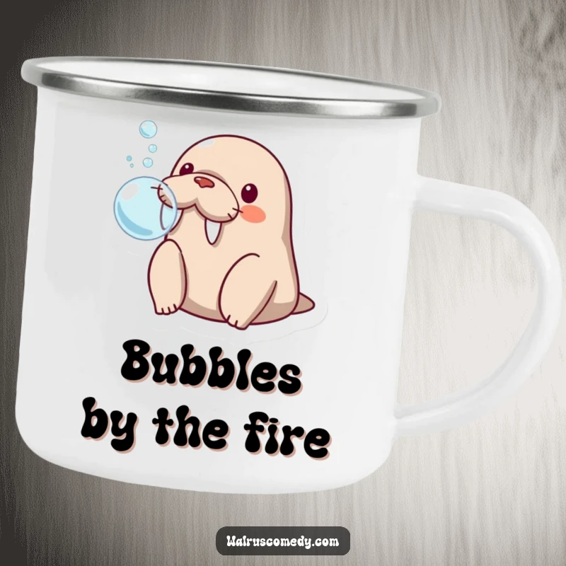 Funny kawaii walrus blowing a bubble with its flippers, looking surprised and ready for any outdoor surprise with this camping mug.