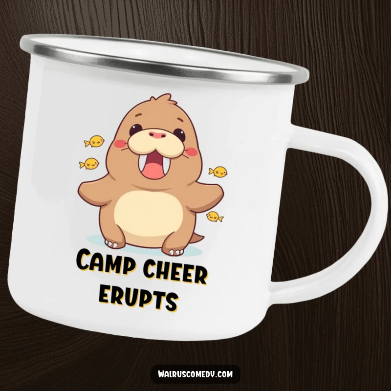 Funny walrus cheering with fish, a durable camping mug with a supportive sea creature design, great for outdoor events.