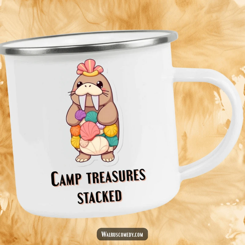 Funny walrus balancing seashells, a durable camping mug with a humorous sea creature design, ideal for outdoor enthusiasts.