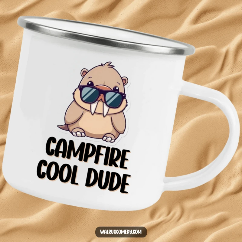 Funny enamel camping mug with a kawaii walrus wearing sunglasses, looking cool and relaxed, ready for outdoor chill.