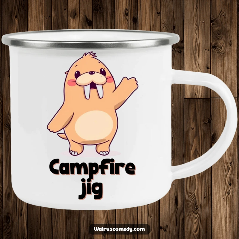 Funny walrus character joyfully dancing with its flippers in the air, enamel camping mug, rugged and fun.