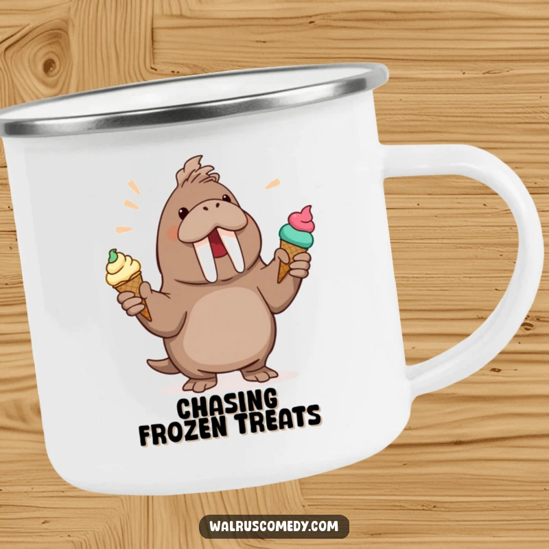 Funny Walrus Camping Mug: A sturdy mug depicts a happy walrus juggling multiple ice cream cones, perfect for outdoor enjoyment.