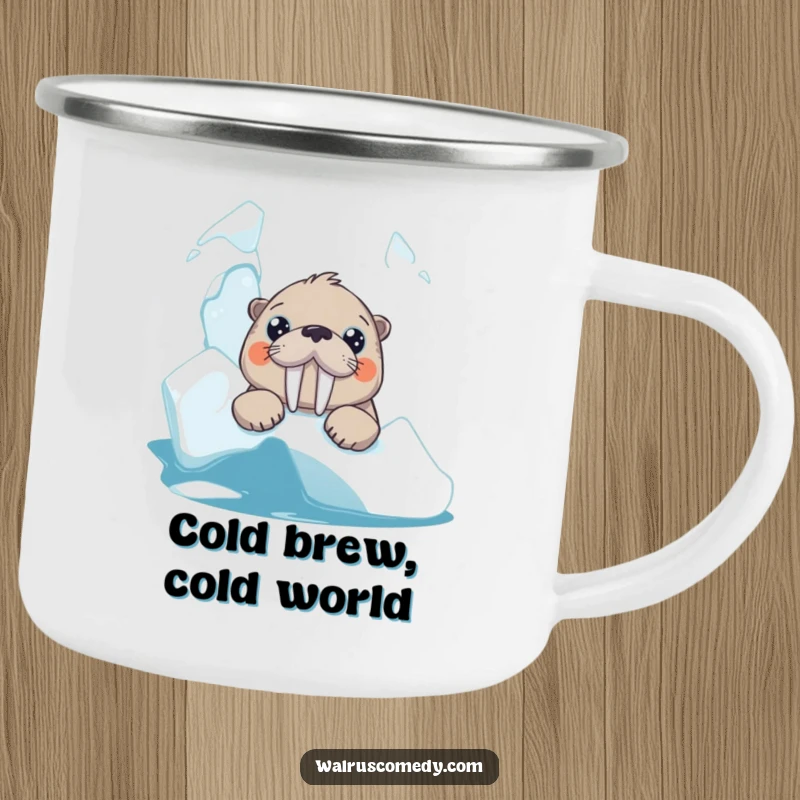 Funny walrus camping mug with a curious animal and big eyes peeking over an icy landscape, perfect for outdoor enthusiasts.