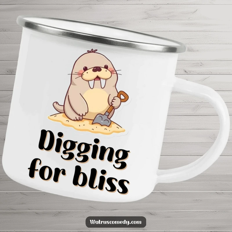 Funny Camping Mug: An energetic walrus character digs in the sand with a small shovel, ideal for beach lovers.